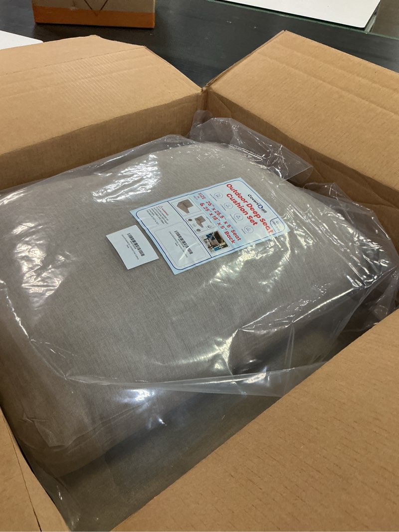 Condition photo showing As Is for covers & all sunbrella outdoor deep seat cushion set, 25" x 25.5" deep seat & back cushions, 5" thick foam patio cushions with water-repllent & uv fade resistant covers, patio furniture chair cushions