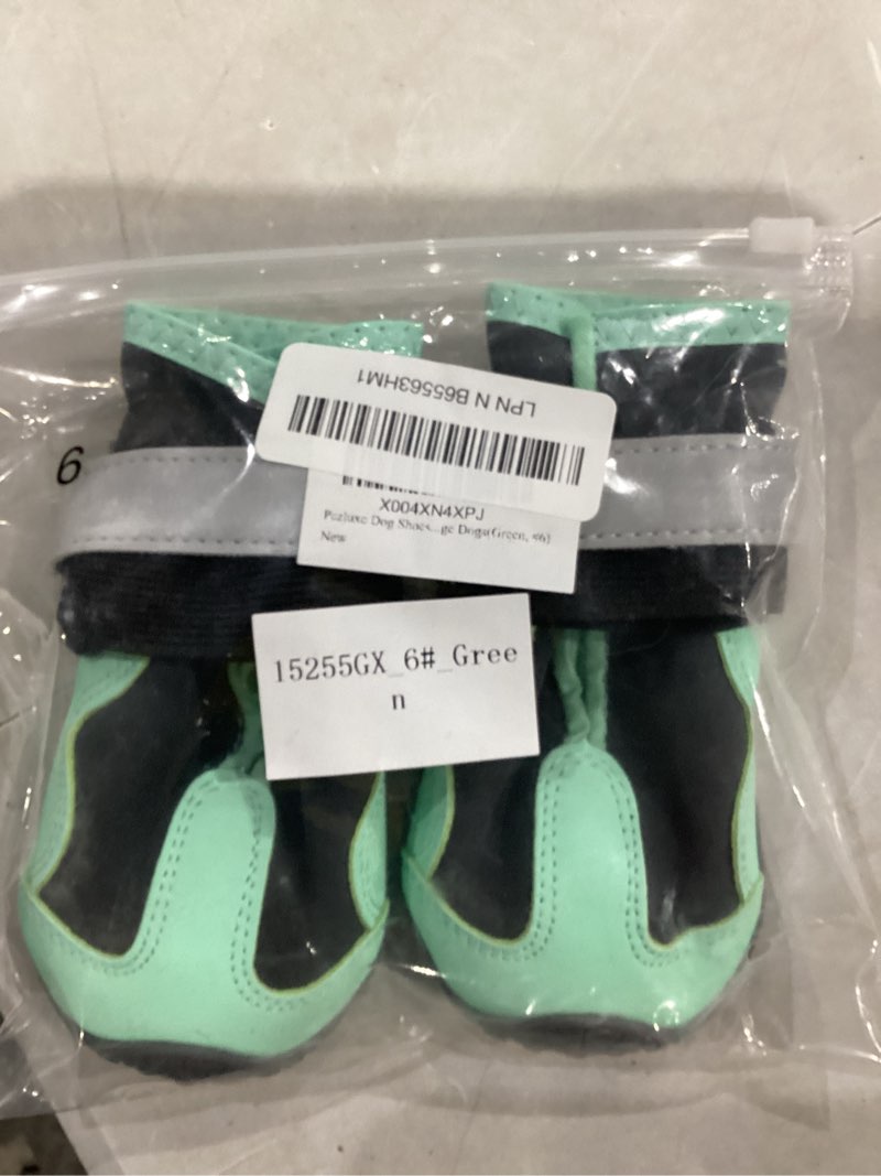 Condition photo showing New/Like New for dog shoes, waterproof paw protectors for winter snow summer hot pavement, outdoor walk & hiking dog boots for hard floors, anti-slip sole dog booties for medium large dogs(green, #6) green #6 2.75''(set of 2)