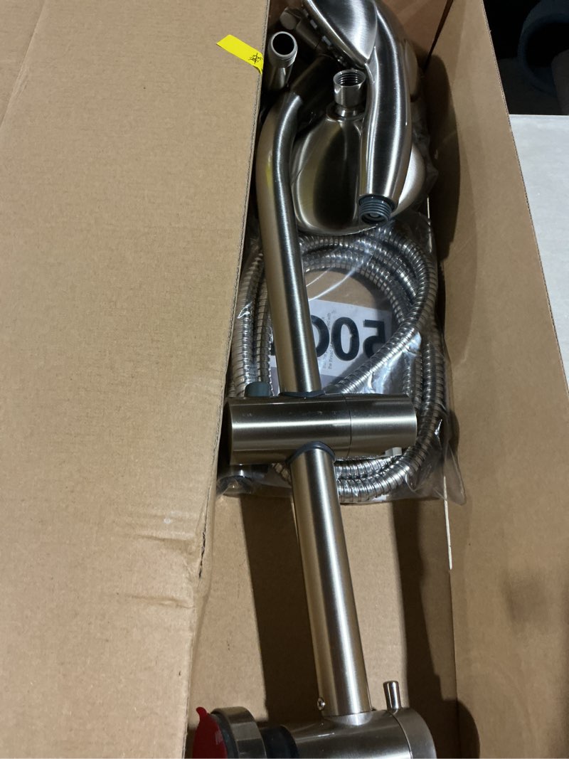 Condition photo showing As Is for handheld showerhead & rain shower combo for easy reach, 27.5" drill-free stainless steel slide bar, 5”of 5-setting handheld shower and showerhead, with 5ft hose -brush nickel