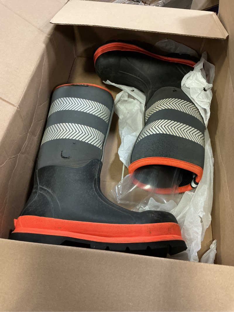 Condition photo showing As Is for (Size us 10)Men's Steel Toe Rubber Work Boots, Waterproof Neoprene Safety Boots with Puncture Proof Midsole - Oil & Chemical Resistant, Reflective High-Vis for Construction, Concrete, Roadwork Greyorange 10 Wide