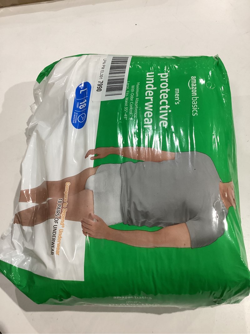Condition photo showing Good Condition for amazon basics maximum absorbency incontinence underwear for men with leak protection, advanced odor protection, soft cotton feel, large, 18 count large 18.0