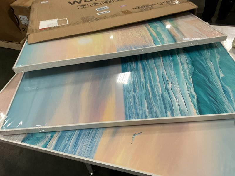 Condition photo showing Good Condition for Framed Coastal Wall Art for Living Room, 3 Piece Beach Artwork for Walls, Large Beachy Painting Prints, Modern Ocean Canvas Wall Decor, Beach Decorations for Home 24x36