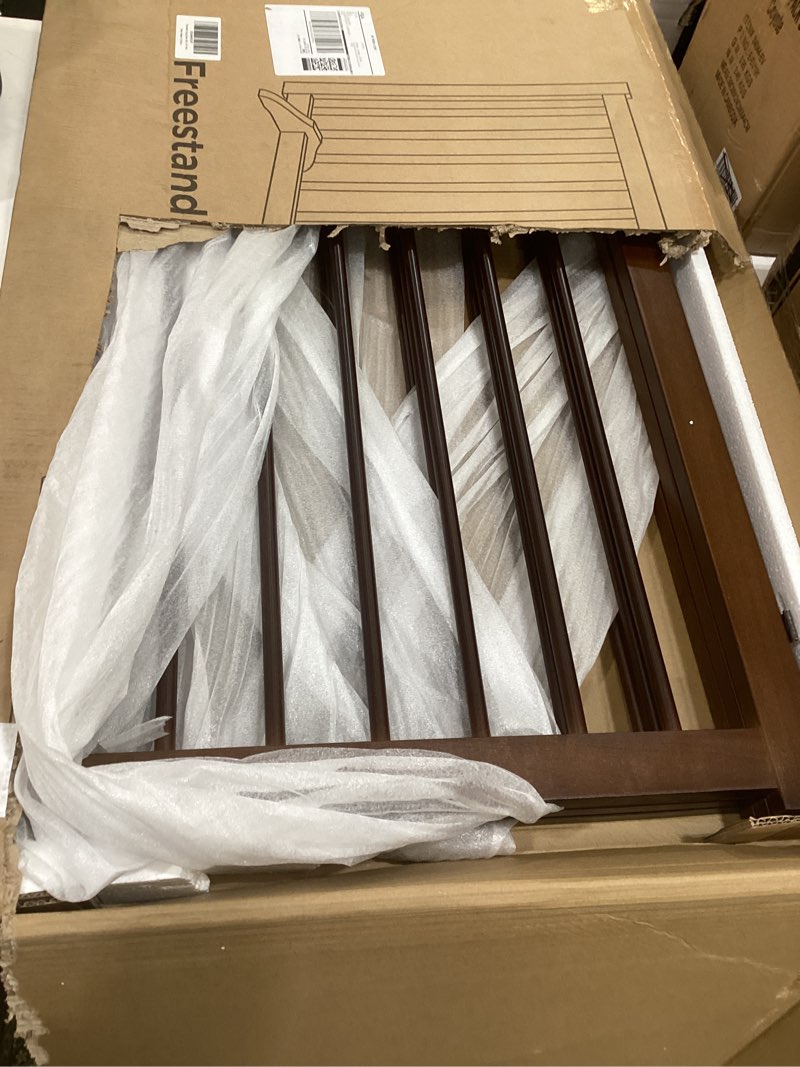 Condition photo showing Good Condition for 36" h freestanding dog gate, solid wood foldable pet gate with support feet, wooden tall dog gate for doorway, stairs & indoor use, 60" wide expandable pet fence, 3 panels, walnut walnut 36"-3 panels