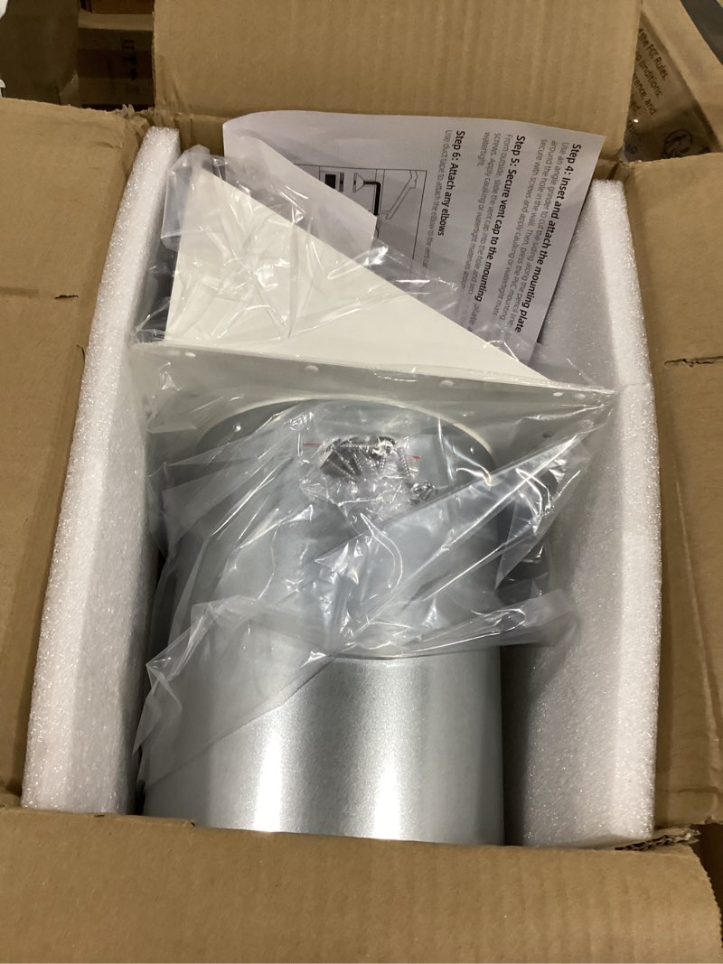 Condition photo showing Good Condition for 7 inch hooded wall vent with mesh and damper, 7'' exhaust vent cover cap for kitchen range hood/dryer/laundry/bathroom exhaust fan,outside wall vent hood exterior duct vent cap-galvanized steel,black 7 inch black