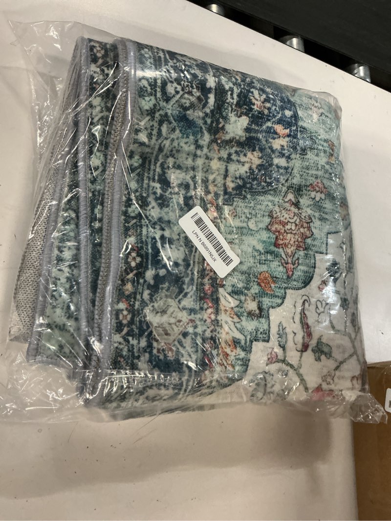 Condition photo showing Good Condition for area rugs 2'x8' runner rug non slip washable for kitchen hallway bedroom beside laundry room bathroom rug, floor carpet, green navy blue white red teal colorful teal green/white/blue/navy/red 2' x 8' (runner)