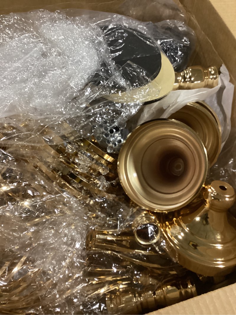 Condition photo showing As Is for 10 pcs 21.5” tall gold centerpieces for table, open lattice midsection trumpet base vase stands with hanging crystals, metal flower holders for wedding receptions,parties & event decor gold 21.5 inch