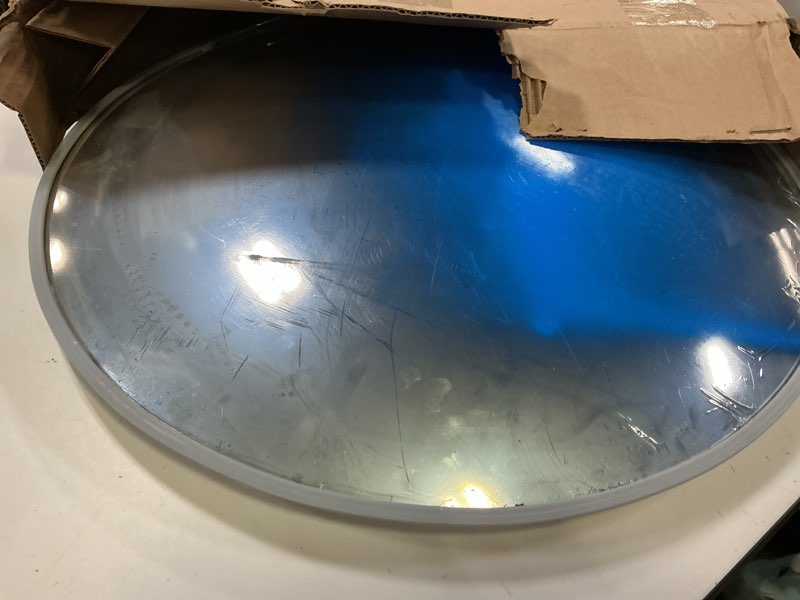 Condition photo showing Good Condition for 26” acrylic outdoor convex mirror with plastic back, round security mirror for the garage blind spot, store safety, warehouse side view, circular wall mirror for personal/office use -vision metalizers 26" acrylic outdoor convex