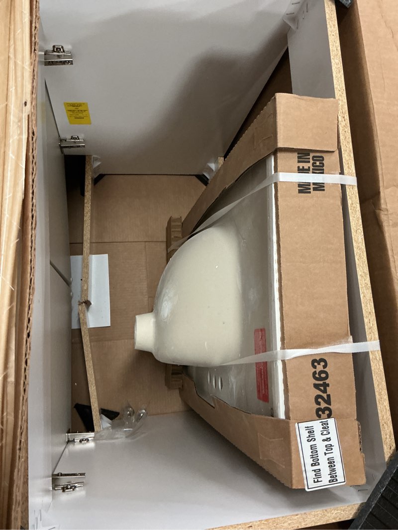 Condition photo showing As Is for project source 30-in white single sink bathroom vanity with white cultured marble top