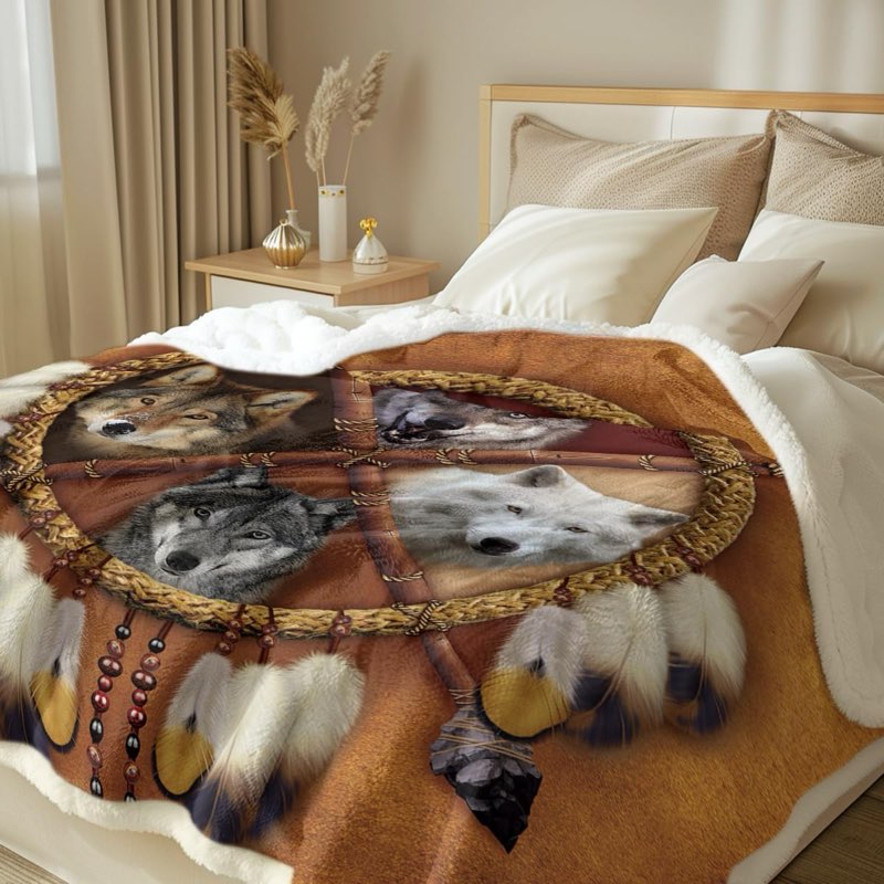 Sleepwish Wolf Blanket Native American Blankets Wolf Fleece Blanket Kids Wolf Blanket Soft Thick Dream Catcher Design Throw Blanket Brown Plush Wolf Blankets for Adults Men Boys 90”x90
