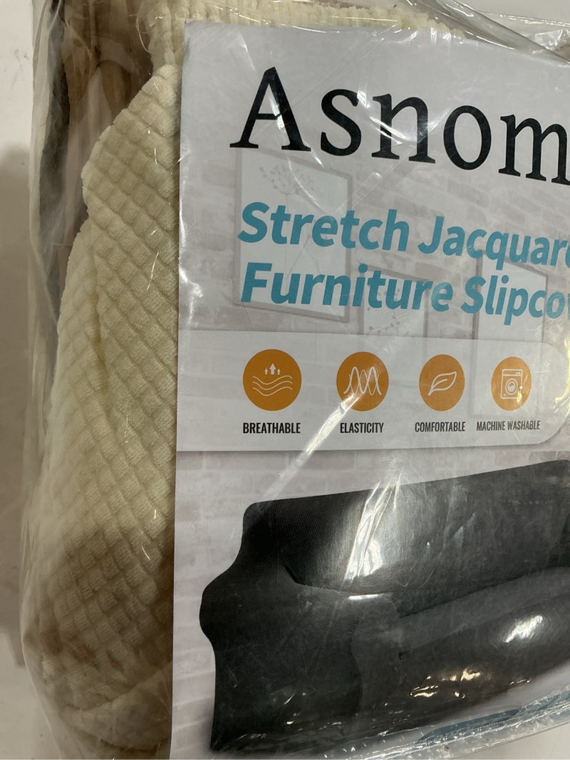 Condition photo showing Good Condition for Asnomy Couch Covers for 3 Cushion Couch Stretch Sofa Covers Slipcovers, Pet Protector Furniture Covers for Dogs Cats Spandex Jacquard Fabric Small Checks ?Large?Off-White? Large Off-white