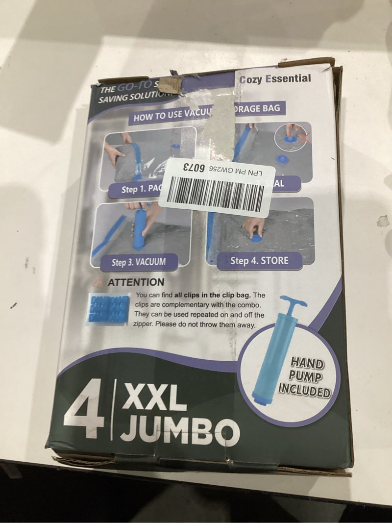 Condition photo showing Good Condition for cozy essential vacuum storage bags, 80% compression vacuum seal space saver plastic packaging bags for clothes, blankets, pillow, bedding, comforters, sealer clothing storage,4 xxl jumbo xxl jumbo 4