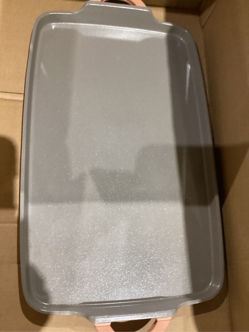 Condition photo showing Good Condition for Goodful All-in-One Double Burner Griddle, Ceramic Nonstick, Durable Cast Aluminum, Oven Safe and Dishwasher Safe, Made without PFAS, PFOA, PFOS & PTFE, 18-Inch x 11-Inch, Terracotta 21.3" x 11.5" x 1.5" Terracotta