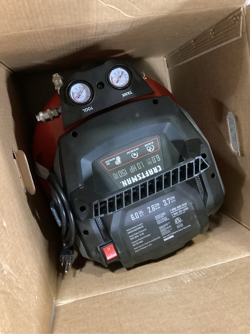 Condition photo showing As Is for craftsman air compressors 6 gallon portable pancake air compressor,oil free max 150 psi 1.0hp 2.6 cfm@90psi electric air compressor shop air compressor, cmxecxa02106410