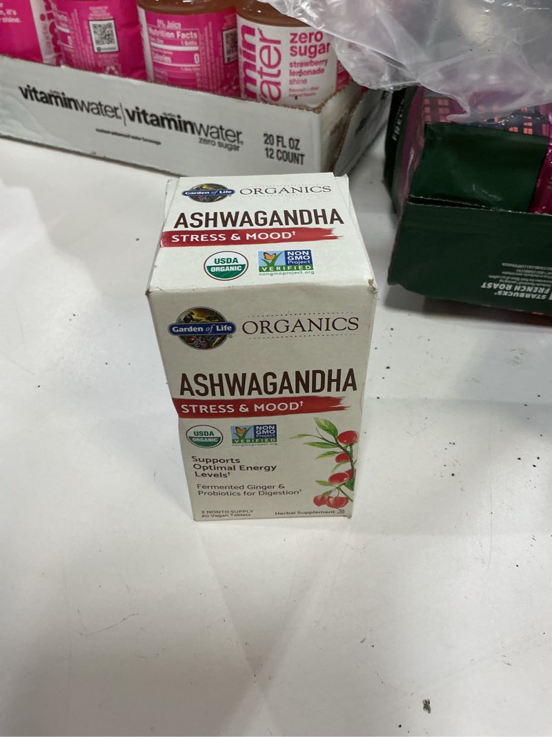 Condition photo showing New/Like New for ((BB:03/2026))Garden of Life Organic Ashwagandha Supplement with Probiotics & Ginger - Stress, Mood & Energy Support, Vegan, Gluten Free, Non GMO, 2 Month Supply, 60 Tablets