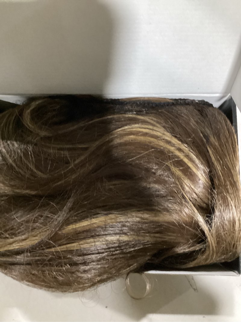 Condition photo showing Good Condition for feshfen brown mixed blonde wavy layered wig with curtain bangs for women, 22 inch long synthetic natural looking middle part hair wig for costume party daily use
