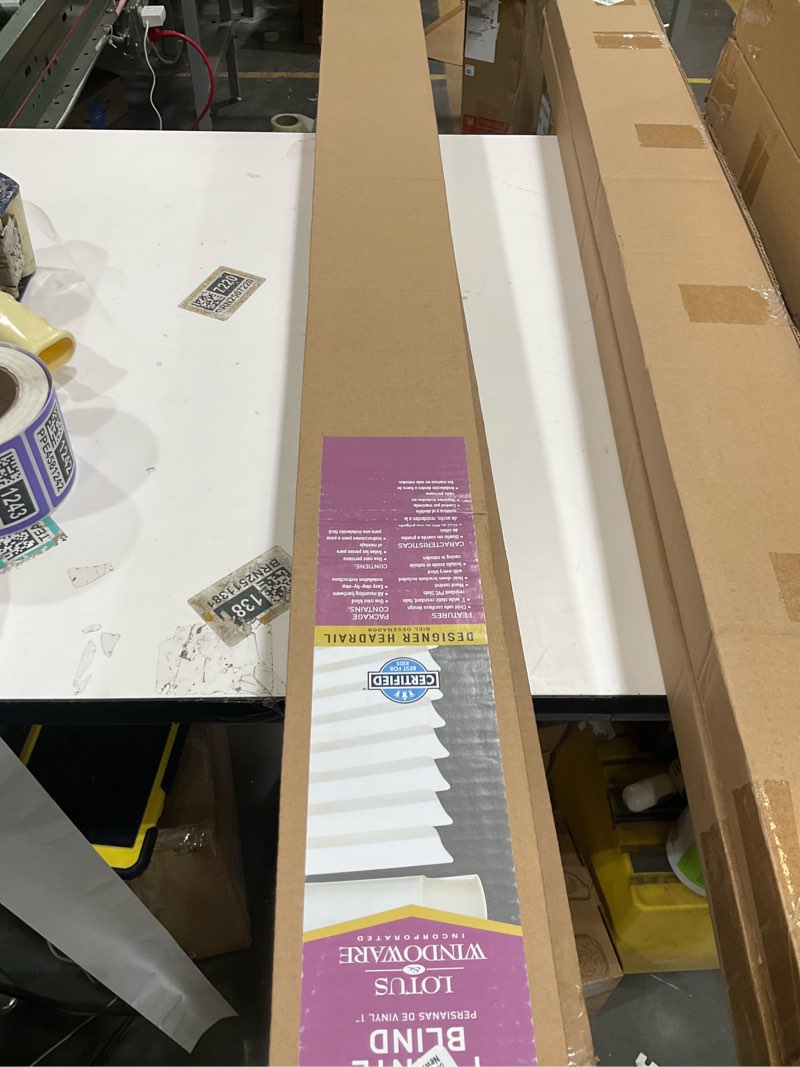 Condition photo showing New/Like New for LOTUS & WINDOWARE Cordless Mini Blind, 1" Vinyl Slats, 47" Wide x 72" Long - Alabaster, Window Blinds for Home and Office, Interior Door Blinds - Light Filtering 47"W x 72"H Alabaster