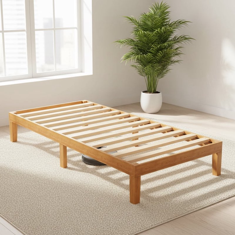 dumos solid wood bed frame, twin size bed base with wood slat support, sturdy, stylish & noise-free 