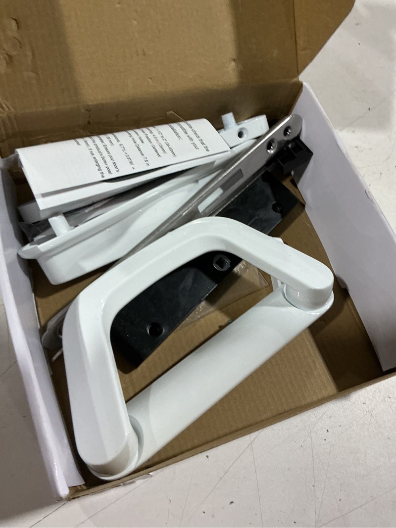 Condition photo showing As Is for allywasai sliding patio door handle set with mortise lock, suitable for sliding glass patio door thickness from 1.5in to 2in, 4-15/16" screw holes, need to drill, reversible design, keyed, white