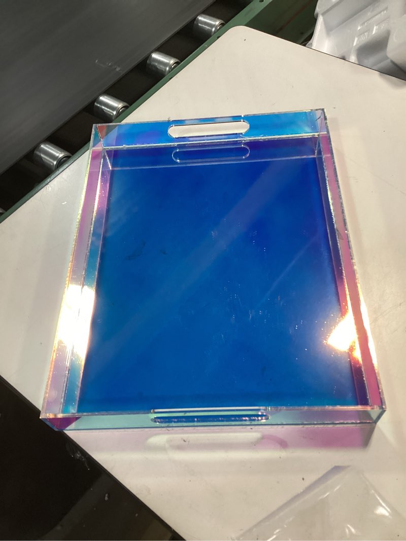 Condition photo showing Good Condition for Iridescent Acrylic Letter Tray with Handles 12X9 Inch - Acrylic Tray Perfume Tray Serving Tray Spill Proof, Decorative Tray for Ottoman Coffee Table Countertop, Wedding Decor, Dinner Desk Medium