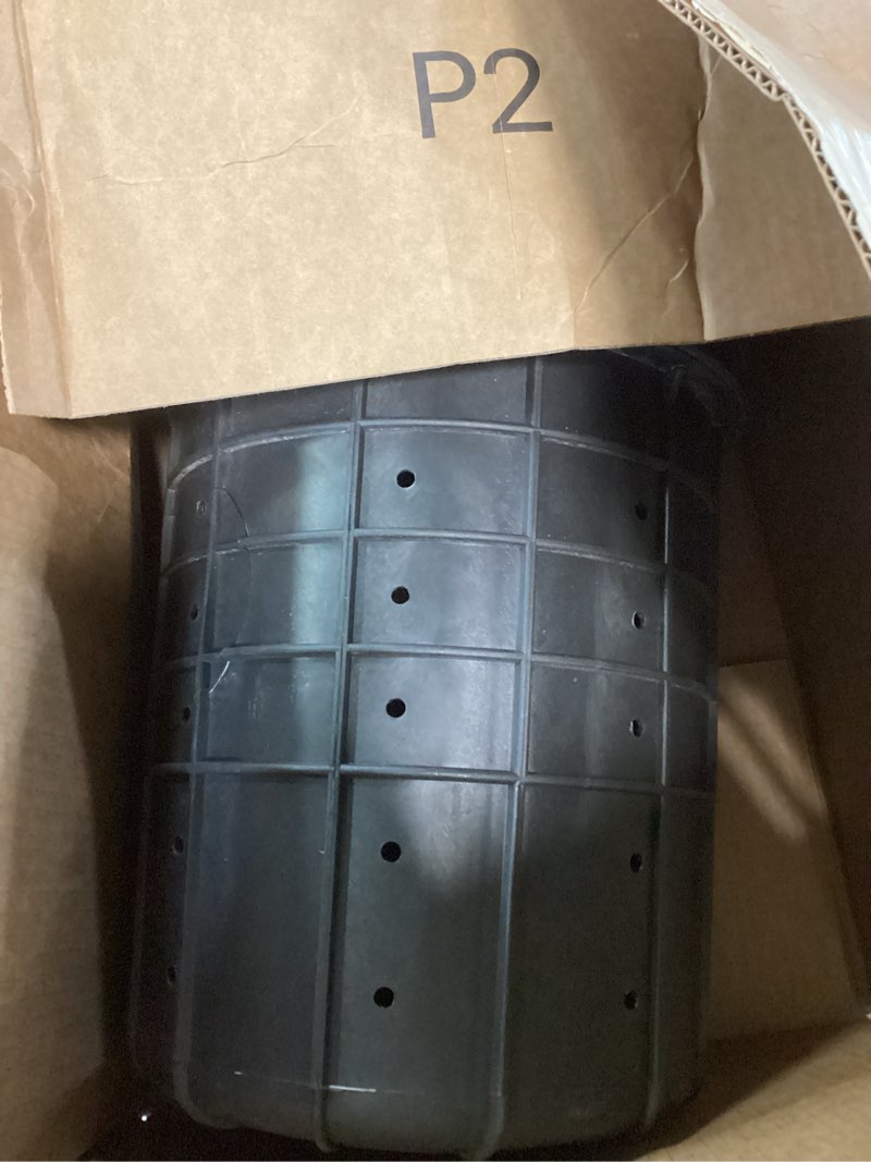 Condition photo showing As Is for Sump Pump Basin with Lid Holds 10 Gallons 15" Tall Heavy-Duty Perforated Sump Pump Bucket With 40 Drilled Holes for Drainage in Crawl Spaces, Yards, Patios & Driveways
