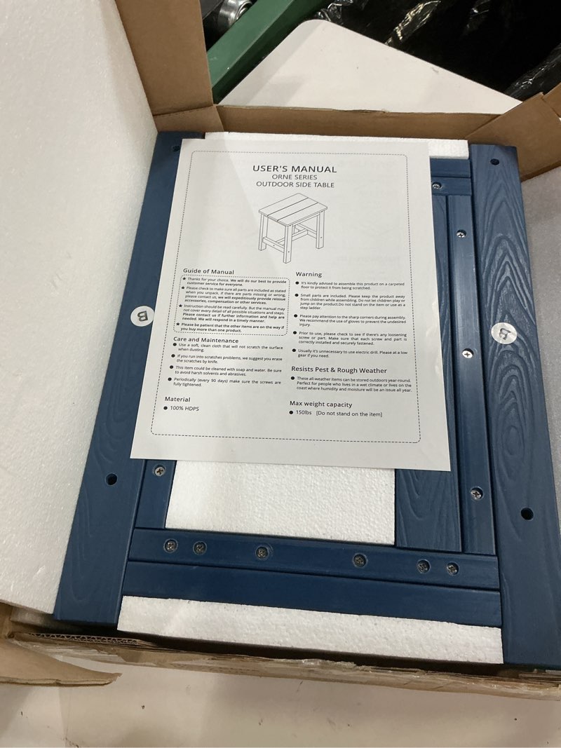 Condition photo showing New/Like New for lue bona outdoor side table, hdps small outdoor table, adirondack side table, outside end table for patio, porch, deck, weather resistant/easy maintenance/indoor or outside use, navy blue 16.1 in navy blue 1