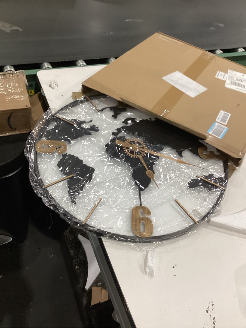Condition photo showing Good Condition for pytha sight 24 inch large wall clock,modern decorative big world map with vintage gold arabic numeral extra giant metal oversized wall clocks for living room,office,kitchen,dining room,bedroom gold arabic 24 inch