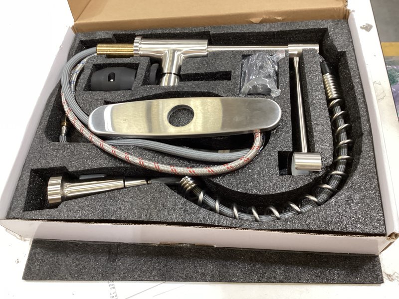 Condition photo showing New/Like New for kitchen faucets, brushed nickel kitchen sink faucet with pull down sprayer single handle with deck plate stainless steel, suitable for farmhouse camper laundry rv bar - owofan 9009sn classic brushed nickel