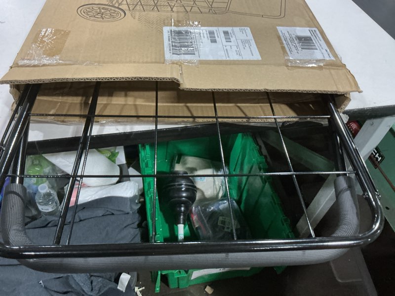 Condition photo showing As Is for whitmor extra large utility foldable shopping cart with wheels, 100 lb capacity, heavy duty grocery cart with steel frame, foam handle, rolling collapsible utility trolley for grocery, laundry, black 17.4"l x 16.4"w x 40.12"h, black