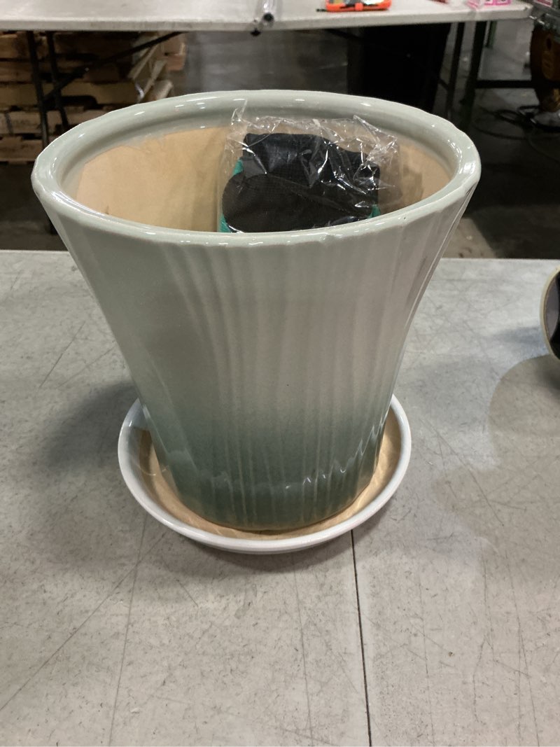 Condition photo showing New/Like New for 8.3 inch ceramic pots for plants with saucer drainage leak-proof mesh, round plant pot with gardening gloves for indoor outdoor plants (rippled green) rippled green 8.3 inch
