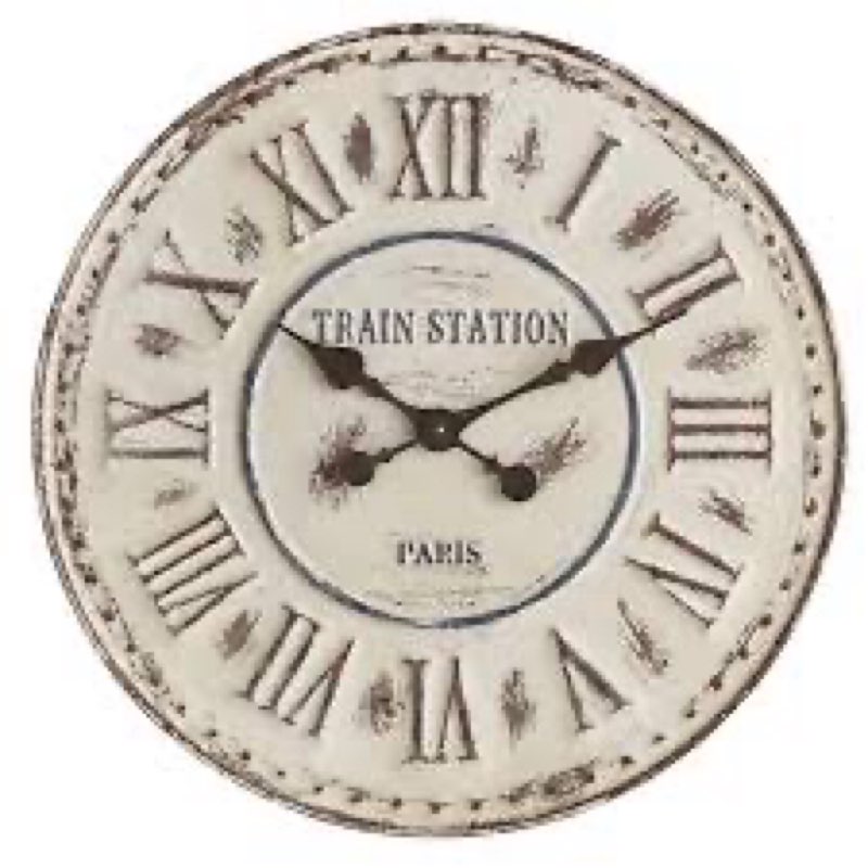 47th & main vintage distressed metal round decorative wall clock, 24" diameter, train station paris,