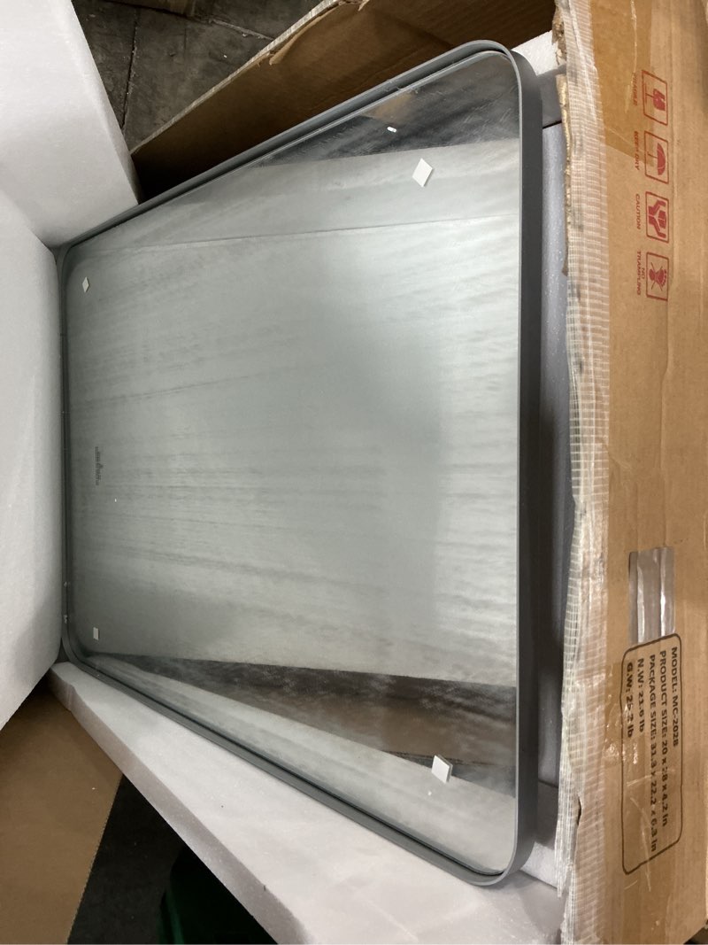 Condition photo showing Good Condition for 28x20 inch matte silver medicine cabinet with mirror for bathroom, aluminum medicine cabinet with frosted finish, recessed or wall mount medicine chest, modern sleek design, fully assembled 20"x28" matte silver