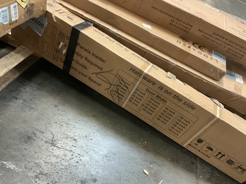 Condition photo showing As Is for smartstandard 36in x 80in sliding barn door with 6.6ft barn door hardware kit included, unfinished solid spruce wood door, assembly required, diy, stainable, natural 36x80 inch natural