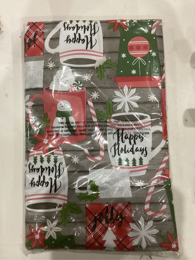 Condition photo showing New/Like New for Newbridge Jolly Holiday Candy Cane Christmas Vinyl Tablecloth with Flannel Backing, Grey Red Green Wipe Clean Table Cover, 60 x 84 Inch Rectangle 84" x 60" (Rectangular) Jolly Holiday
