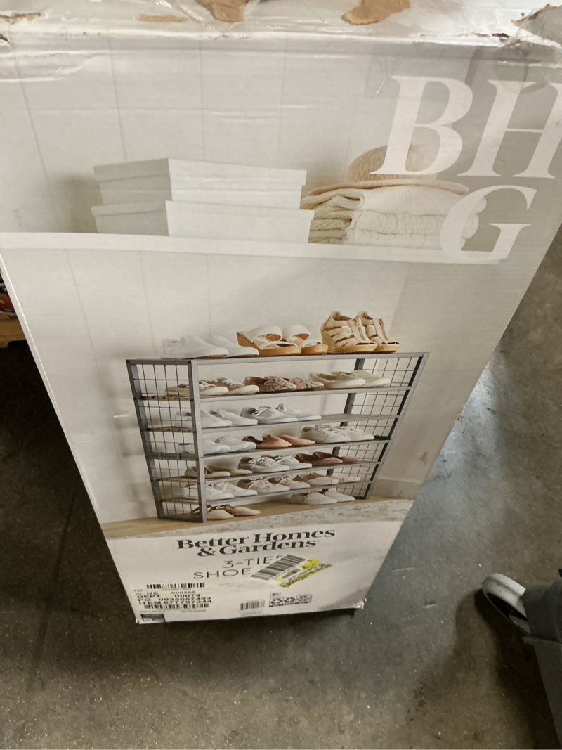 Condition photo showing As Is for better homes & gardens farmhouse 3 tier shoe rack, gray, 30in wx 12 in dx 18in h, holds up to 12 pairs