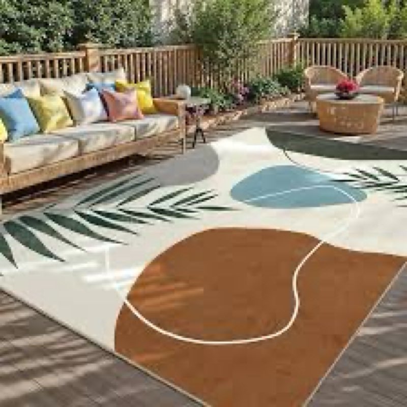 indoor outdoor area rug, mid century outdoor patio rug, washable abstract art leaves eucalyptus rugs