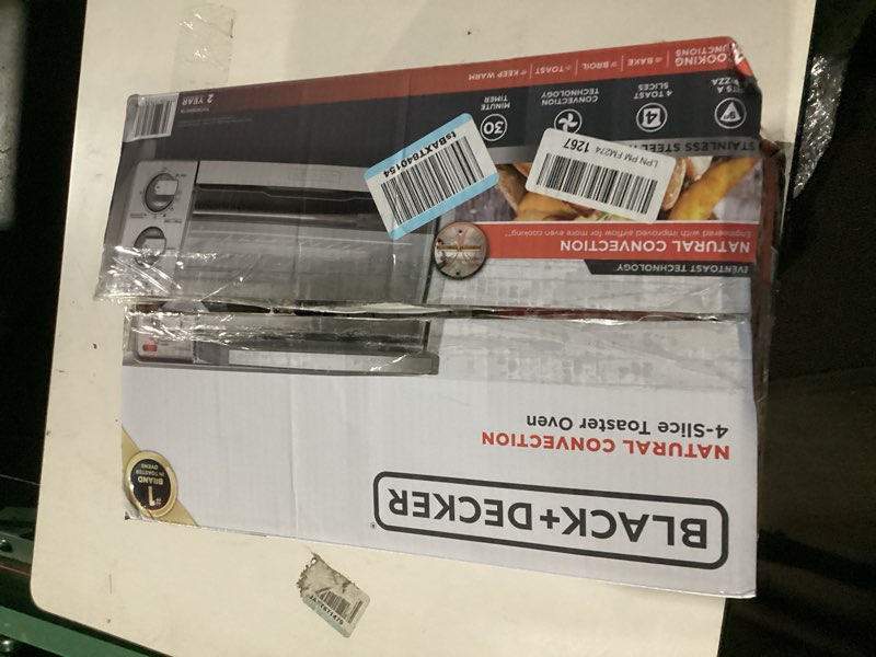 Condition photo showing New/Like New for BLACK+DECKER 4-Slice Toaster Oven, TO1745SSG-1A, Even Toast, 4 Cooking Functions Bake, Broil, Toast and Keep Warm, Removable Crumb Tray, Timer
