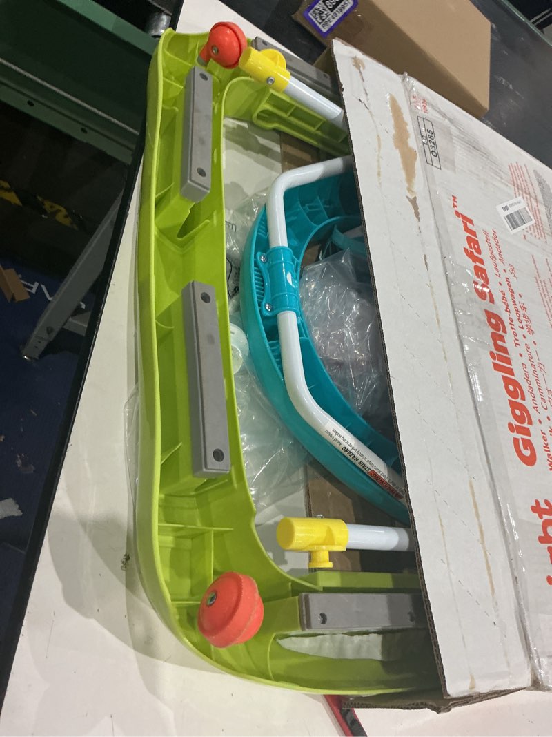 Condition photo showing As Is for bright starts giggling safari walker with easy fold frame for storage, ages 6 months +