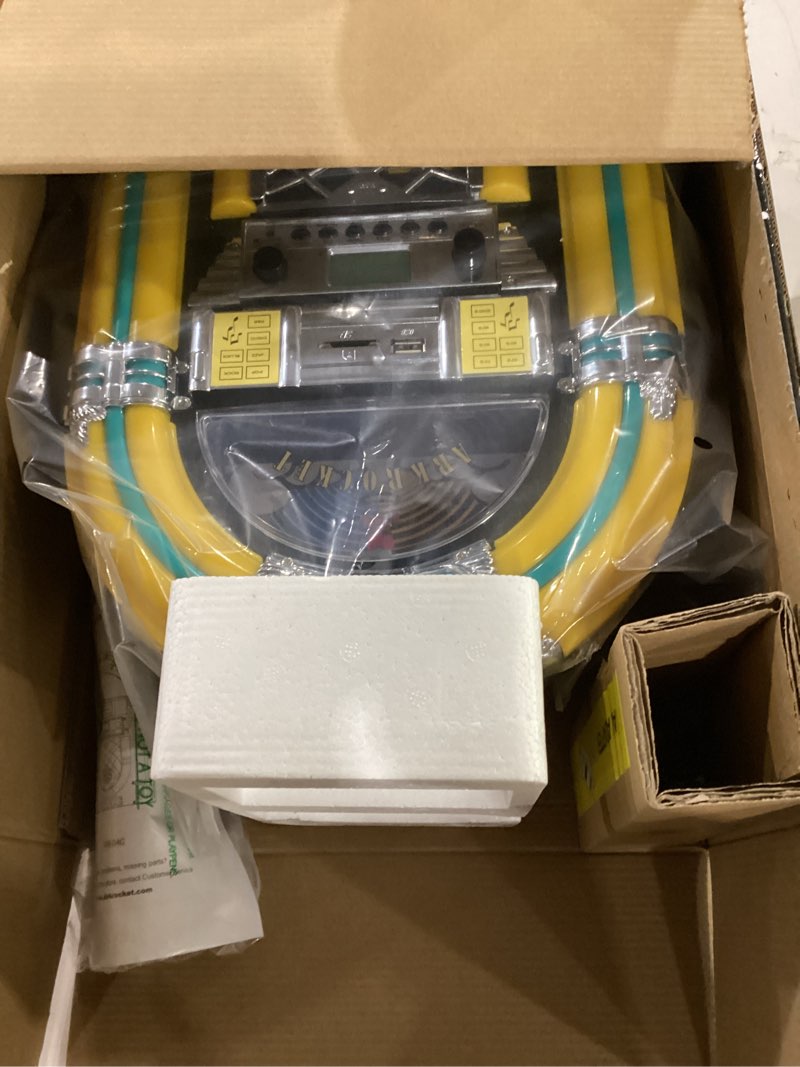 Condition photo showing New/Like New for (not tested)arkrocket athena mini jukebox/tabletop cd player/bluetooth speaker/radio/usb and sd card player with retro led lighting system (yellow green)