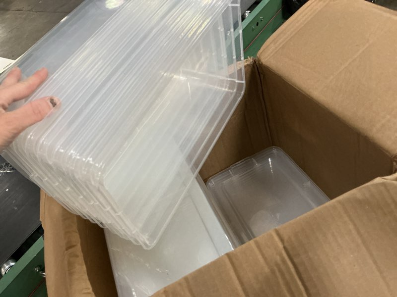 Condition photo showing New/Like New for iris usa 20-pack storage bins with lids, 6 quart, shoe boxes clear stackable containers organize shoes closet shelves, classroom organization teacher tools, game storage - bpa-free plastic 6 qt 20 pack