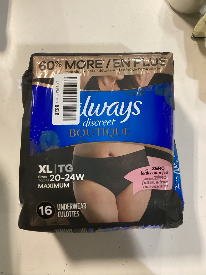 Condition photo showing New/Like New for Always Discreet Boutique Incontinence and Postpartum Underwear for Women, Maximum Protection, Extra Large, Black, 16 Count Black X-Large 16