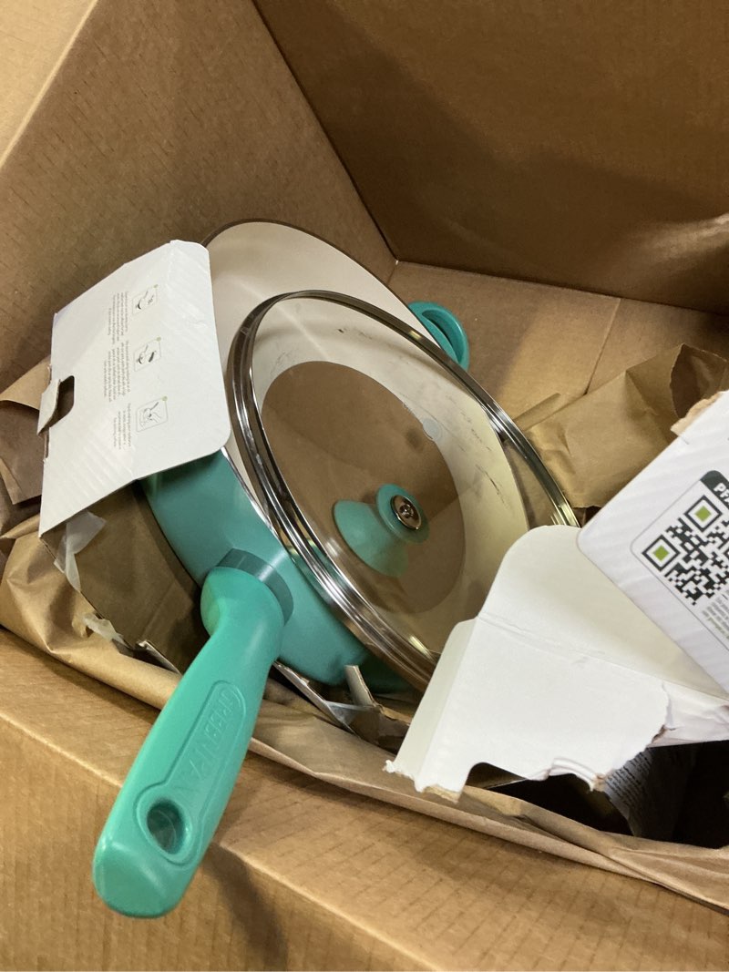 Condition photo showing As Is for GreenPan Rio Healthy Ceramic Nonstick 5QT Saute Pan Jumbo Cooker with Helper Handle and Lid, PFAS-Free, Dishwasher Safe, Turquoise