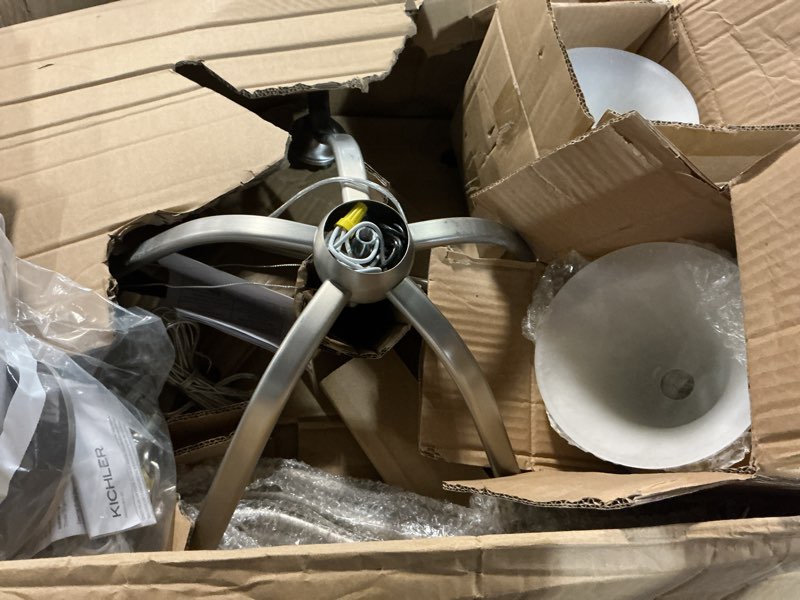 Condition photo showing Good Condition for kichler dover collection 24"w brushed nickel five light chandelier