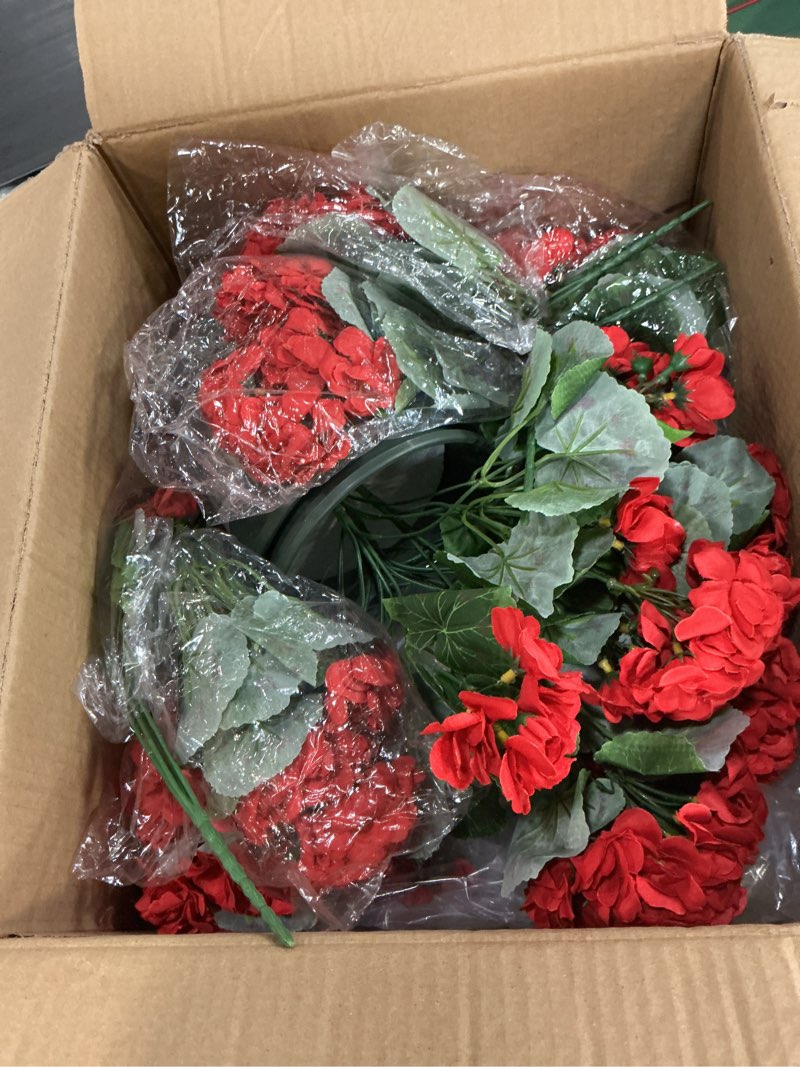 Condition photo showing Good Condition for geraniums artificial flowers for outdoors, 2 pack potted plants red faux geraniums bush artificial topiaries realistic uv resistant fake flowers plants for planters outside gardens front door indoor