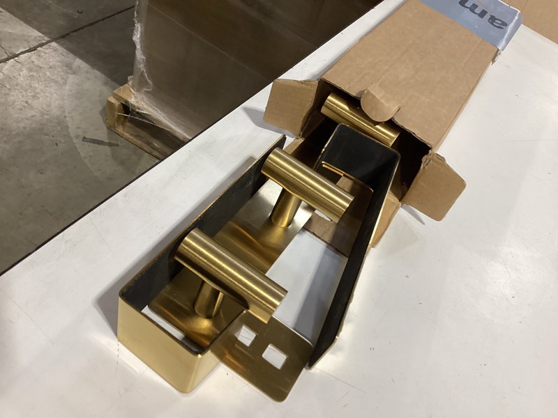 Condition photo showing As Is for pmmasto over the door hooks, fits 1-3/4" thick door no drill hooks for closet bathroom bedroom organization, hanger for coat towel robe (gold, 5 t-hooks) gold 7.5 inch-5 t-hooks, fits 1-3/4" thick door