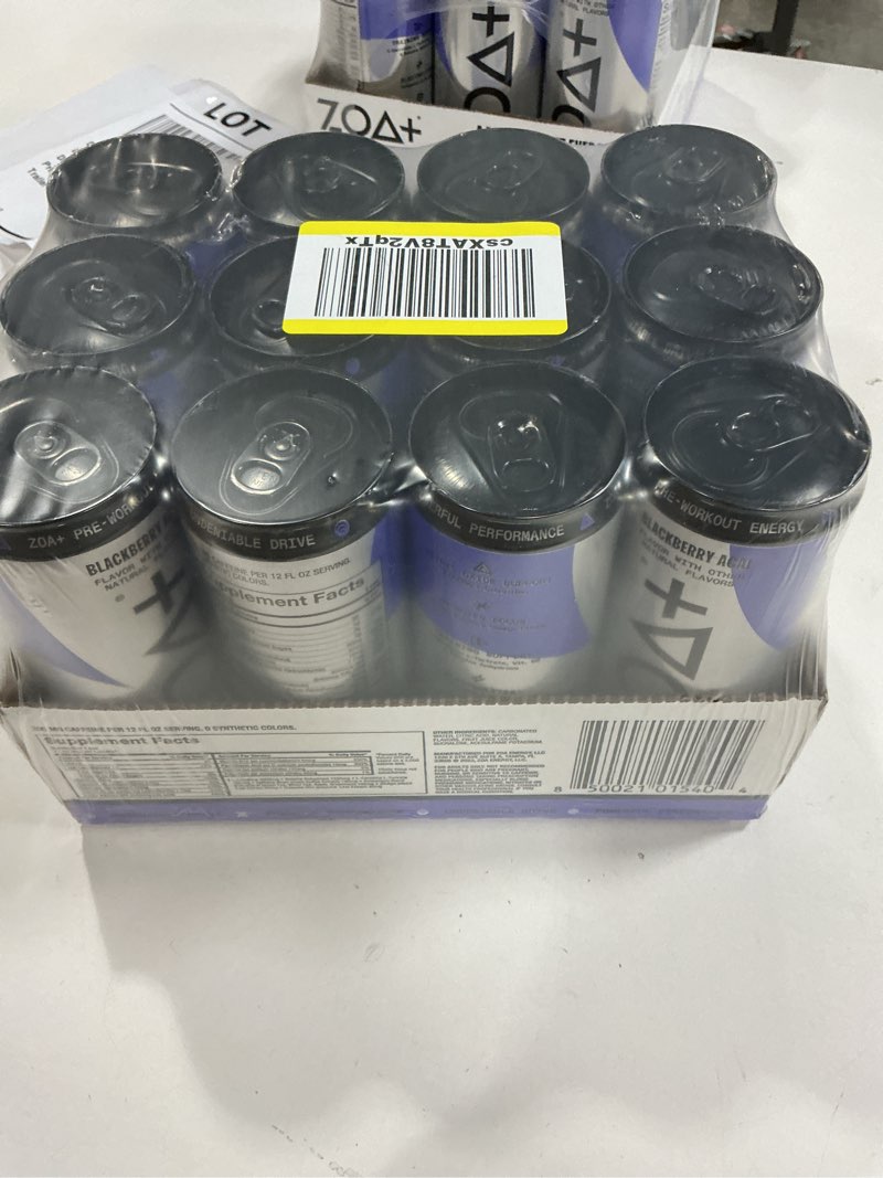 Condition photo showing New/Like New for 03/13/26 ZOA Plus Sugar-Free Pre-Workout Drink, Ready to Drink with Nitric Oxide, Vitamin B, C and D, 200mg Natural Clean Caffeine, BlackBerry Acai 12 Fl Oz, Pack of 12 (B09NZBHS1W)