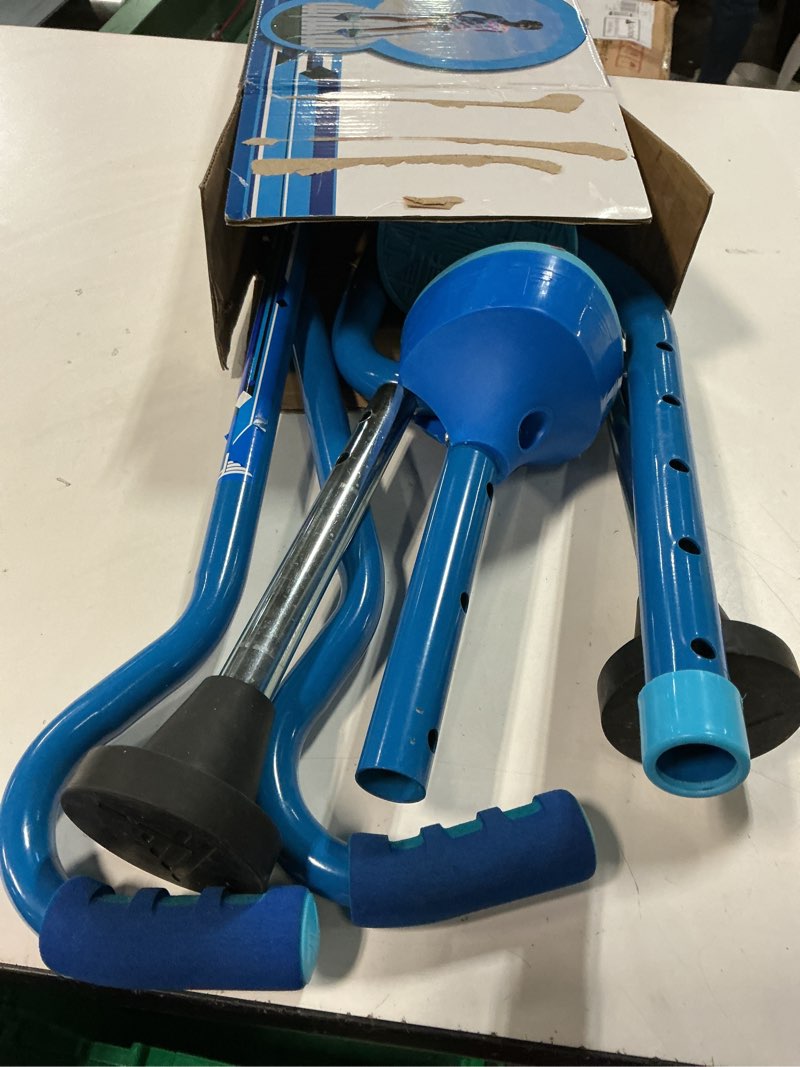 Condition photo showing As Is for flybar maverick walking stilts for kids - 5 adjustable height’s, sturdy, easy assembly, wide non-slip rubber bottom tip, foam grips, outdoor toys for kids 5+, 190 lbs blue edge