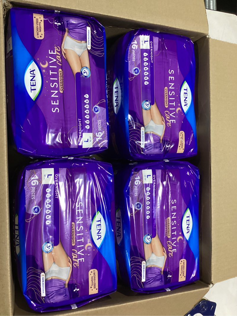 Condition photo showing New/Like New for tena sensitive care overnight incontinence underwear for women, adult diapers, large (waist sizes 32in–42in), better fit, 64 count (4 packs of 16) large 64