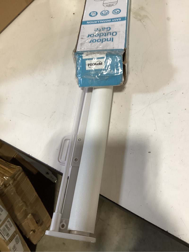 Condition photo showing As Is for probebi retractable baby & dog gate - extends to 54" wide, 34" tall - stair, doorway & hallway use b-white 34" tall x 54" wide