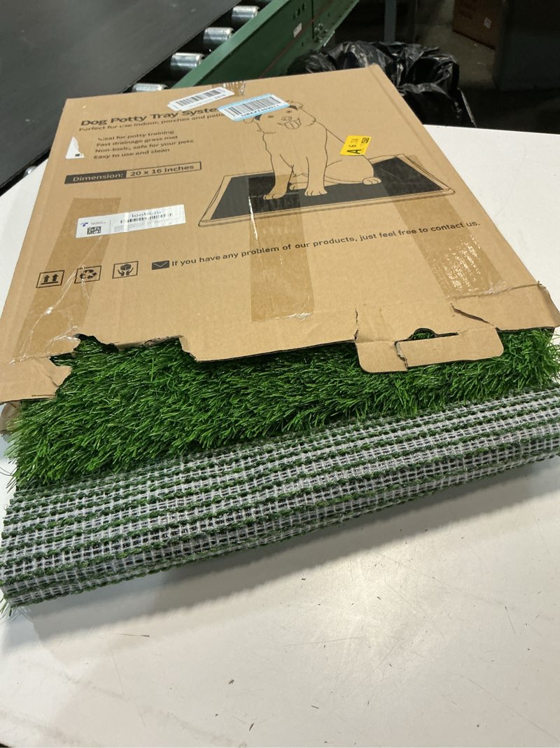 Condition photo showing As Is for loobani dog grass pad with tray - dog litter box - indoor potty for apartment and patio training - with 2 packs grass pee pads for replacement, 16×20 inch tray potty 16*20inch
