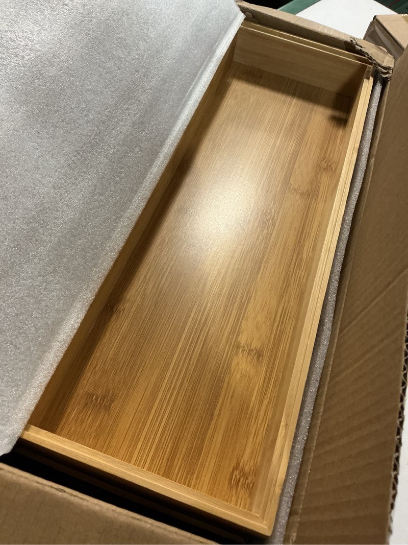 Condition photo showing Good Condition for long bamboo kitchen drawer organizer boxes – 17" x 6" stackable wood silverware utensil tray for drawers bins cutlery & flatware storage – wooden pantry organizers set of 2 for junk drawer bathroom rv bamboo 17" x 6" x 2"
